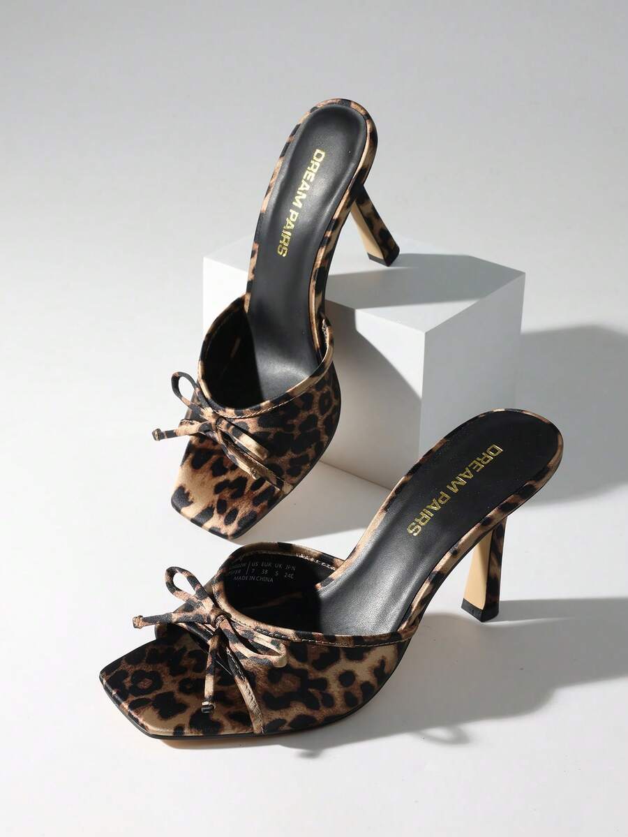 Women Fashion Stiletto Mule Sandals With Bow Mesh Decorative, Open Toe Mesh Breathable Slip-On Summer High Heel Sandals For Daily Party Wedding Wearing - 豹紋 - 查看 1
