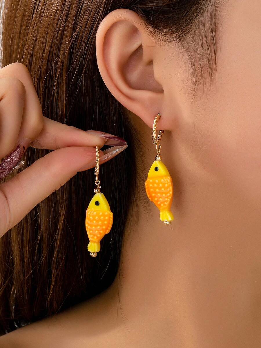 一对手工陶瓷鱼形耳环，可爱热带鱼吊坠耳环，海洋生物沙滩风饰品，适合度假和日常佩戴 - 彩色 - 查看 1