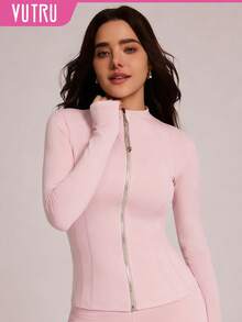 VUTRU Women's Fitted Sports Jacket With Thumb Hole, Stand Collar Outerwear - 淺粉色 - 查看 3