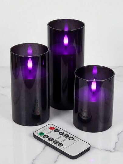 Bộ 3 nến giả lập nhấp nháy không lửa có hẹn giờ và điều khiển từ xa, nến chạy bằng pin với sáp đen và ánh sáng tím, thích hợp để trang trí bàn ăn, Giáng sinh, Halloween, lễ hội, bàn ăn, phòng ngủ, đám cưới, tiệc tùng, làm quà tặng.