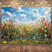 Tela de fondo de primavera, con abundantes flores silvestres y verde, es muy adecuada para cumpleaños, bodas, aniversarios, estudios de fotografía y fiestas de verano. Fondo de boda | Diseño de flores vívido | - 1 - Ver 3