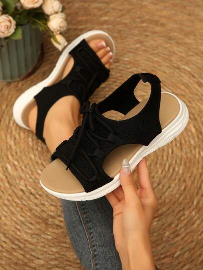 女童针织系带运动凉鞋 - 透气露趾，轻便厚底，夏季休闲鞋