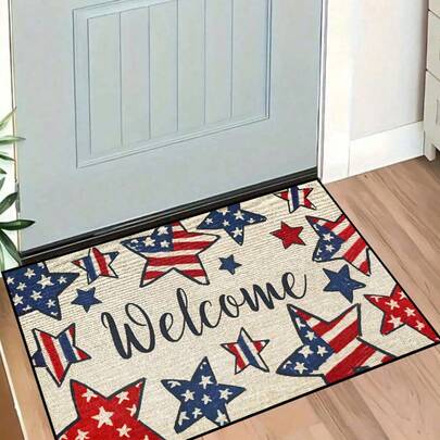 1pc American Independence Day Blue & Red Textured Star "Welcome" Pattern Doormat, Holiday Style Machine Washable Polyester Fiber Mat, Suitable For Living Room, Kitchen, Bedroom, Entryway, Home Decor, Room Decor, All Seasons