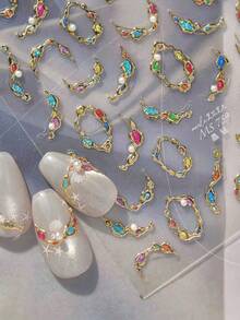 1片5D高品质水晶钻石美甲贴纸，可爱甜美风格美甲贴纸，宝石项链美甲贴纸，送给女孩的完美礼物，美甲用品 - 彩色 - 查看 1