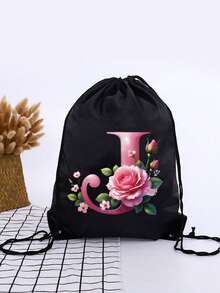 1pc Summer New Floral & Letter Outdoor Sports Bag, Football Backpack, Basketball Backpack, Boys & Girls Sports Bag, Hiking Backpack, Large Capacity Lightweight Drawstring Bag - Black - View 24