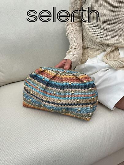 1pc Colorblock Woven Rivet Embellished Pleated Quilted Striped Lightweight Clutch Bag, Suitable For Spring/Summer, New Arrival, Holiday Hot Seller, Matching For Shopping, Dating, Gifting, Suitable For Women, Teenage Girls, Female College Students, Beginners And White-Collar, Perfect For Office, University, Work, Business, Commuting, Outdoor, Dating, Going Out, Portable