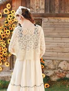 女士波西米亚镂空针织钩编蕾丝披肩罩衫，沙滩度假风罩衫 - 杏色 - 查看 5