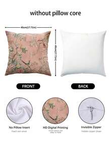 1/2/4 piezas Funda de almohada de estilo chino vintage con diseño de pájaros y flores, de fibra de poliéster suave, tamaño 17.7X17.7 pulgadas (45X 45cm), con cierre de cremallera, lavable a máquina, impresa, adecuada para la decoración del hogar en la sala de estar y el dormitorio - Rosa - Ver 5