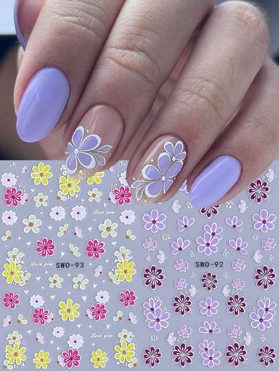 2 piezas Pegatinas de arte de uñas 5D con relieve de flores coloridas, pétalos de flores amarillas, rosas y moradas, corazones, decoración de uñas autoadhesiva DIY para manicura