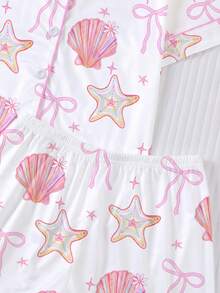 2pcs/Set Kids Colorful Seashell & Starfish Print Pajamas, Short Sleeve Shirt And Ruffle Hem Shorts Set, Ocean Theme Print With Gradient Seashell Rainbow Pattern, Suitable For Children And Teens Daily Wear, Vacation And Loungewear - White - View 5