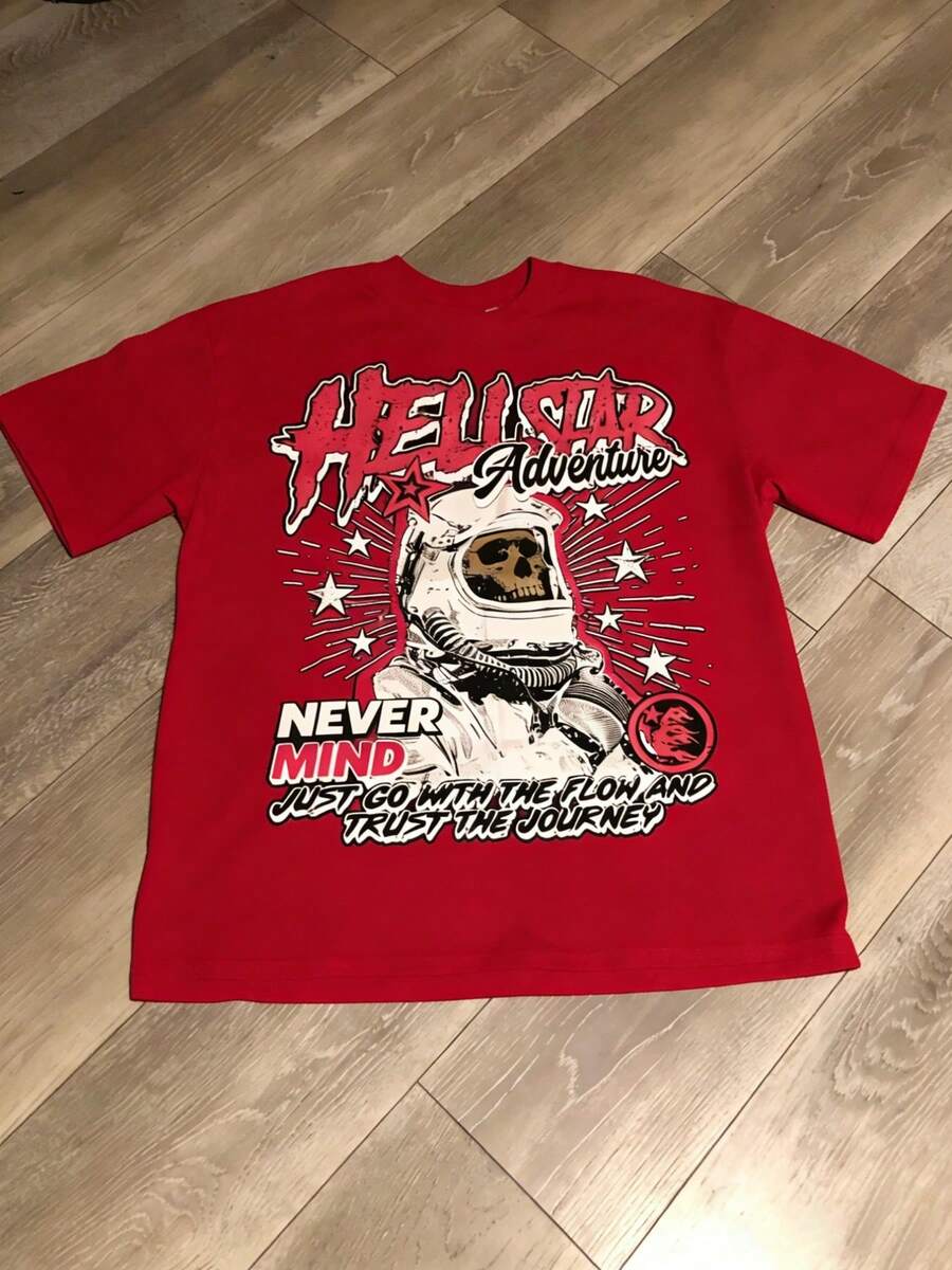 Astronaut Skull Hellstars Adventure Y2K Graphic T-Shirt, 220g 100% Cotton, Round Neck Short Sleeve, White Streetwear Essential For Summer Going Out, Unisex Style - 紅色 - 查看 1
