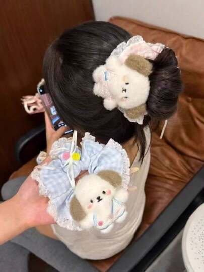 1个可爱小狗蕾丝蝴蝶结发圈，甜美发饰，女孩发绳，发圈，马尾辫发圈