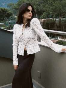 2026 Women's Summer Mesh Lace Flower Shirts Puff Long Sleeve Button Down Blouse Spring Slim Fit Elegant Vintage Top Party Daily Streetwear - 白色 - 查看 8