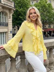 Women Ruffle Sheer Blouse Casual Loose V Neck Long Sleeve Shirts For Spring Summer Streetwear - Yellow - View 5