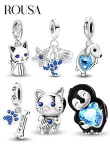 1pc 925 Sterling Silver Blue Cat, Penguin, Puppy Pendant Charm, Suitable For Bracelet DIY, Women's Jewelry, Student Supplies - Silver - View 13
