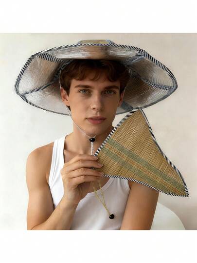 1pc Oversized Outdoor Sun Hat | Foldable Linen Straw Hat, UV Protection For Fishing, Camping | Green Knitted Fabric