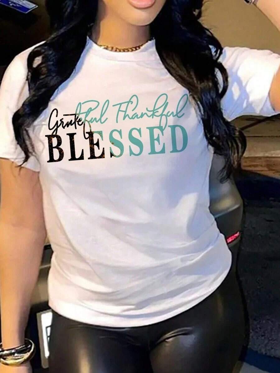 Camiseta de manga corta con estampado de letras para mujer de talla grande , camiseta estampada, top para mujer - Blanco - Ver 1