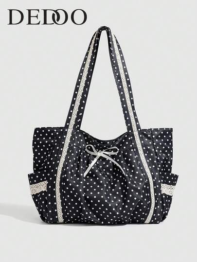 Dedoo French-Style Girls' Academy Wave Dot Large-Capacity Nylon Bag, With Ruffled Lace + Bow Ribbon Design, Retro Sweet And Cool Tote Bag, Suitable For Commuting, Going To School Or Daily Travel As A Shoulder Bag