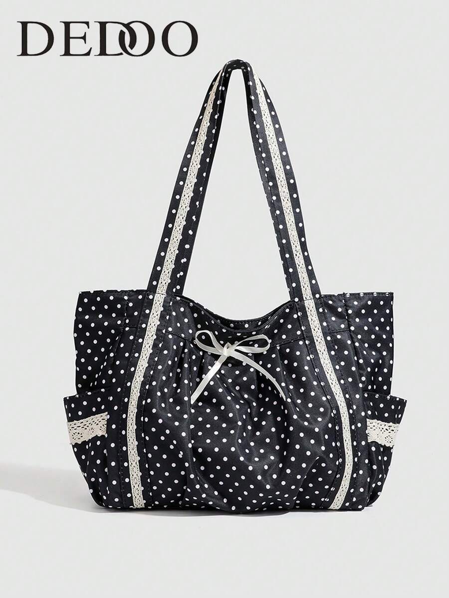 Dedoo Túi xách nữ kiểu Pháp chấm bi sóng biển, dung tích lớn, chất liệu nylon, thiết kế ren xếp nếp và nơ, kiểu dáng retro ngọt ngào và cá tính, phù hợp để đi làm, đi học hoặc đi du lịch hàng ngày như một chiếc túi đeo vai. - màu đen - Xem 1