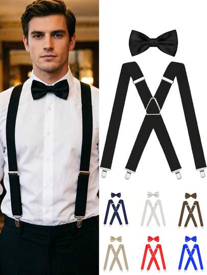 1 Set Men's Suspenders & Bow Tie Suit, Solid Color X-Shape Suspenders & Bow Tie Combo, Suitable For Banquet, Wedding, And Daily Wear