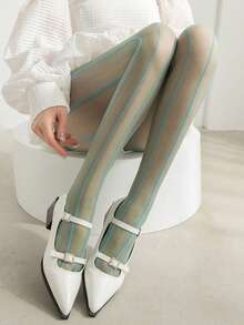 1双女士白色绿色性感丝袜薄款连裤袜竖条纹小麦色提花紧身裤 - 彩色 - 查看 10