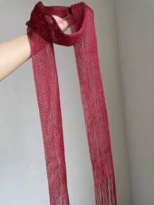 1pc Vintage Unique Multi-Season Versatile Ribbon Tassel Scarf, Minimalist Easy To Match, Suitable For Party Outfits - Red - View 2
