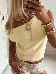 Live To Mo Y2K 女款夏季性感露肩針織上衣，休閒粉色襯衫，適合派對、約會、度假與日常穿著 - 黃色 - 查看 5