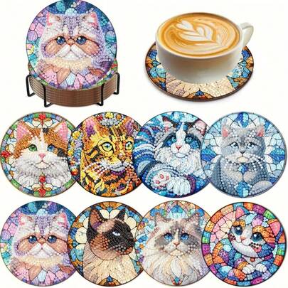 8件套DIY钻石画杯垫套装，带支架 - 猫咪主题，圆形和不对称钻石形状，木制工艺套装，适合成人和初学者