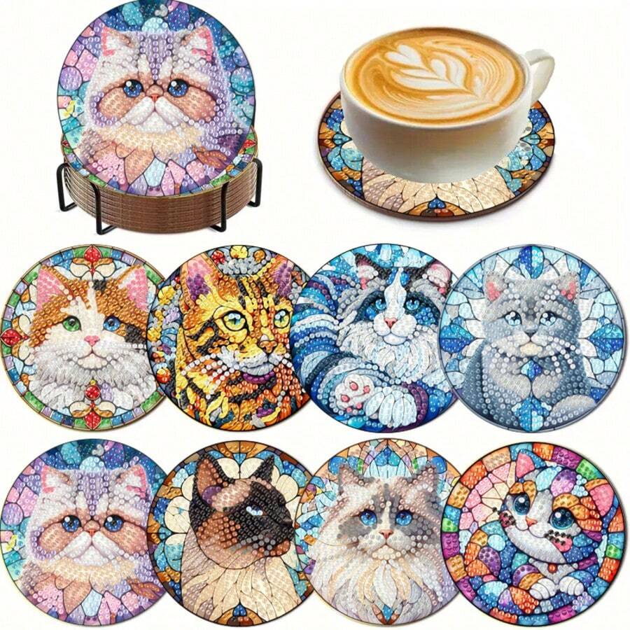 8件套DIY钻石画杯垫套装，带支架 - 猫咪主题，圆形和不对称钻石形状，木制工艺套装，适合成人和初学者 - 查看 1