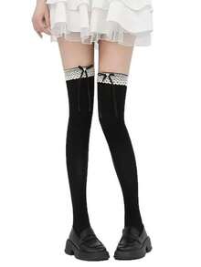 洛丽塔蕾丝边珍珠蝴蝶结女仆白色过膝长筒袜，可爱又长款 - 彩色 - 查看 7