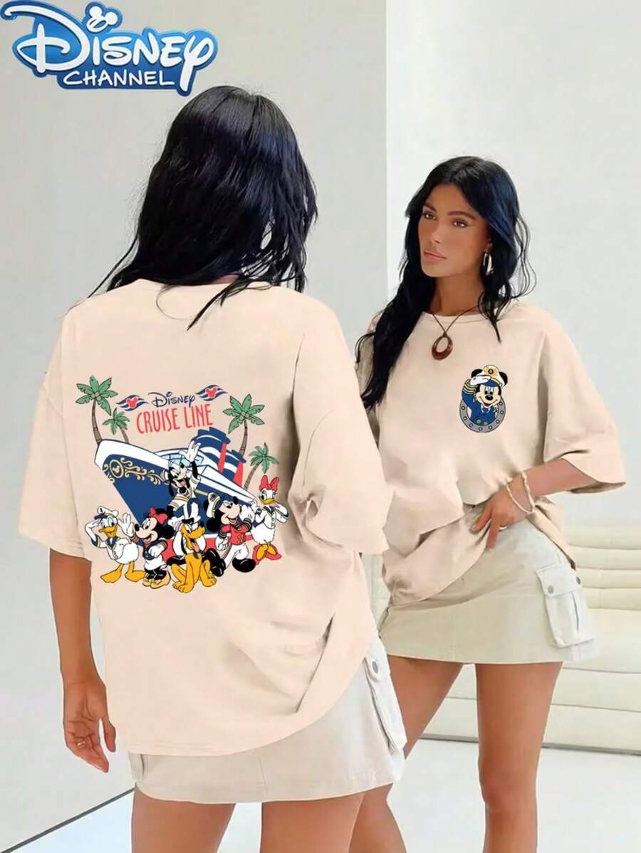 Disney Authorized Lady Mickey Mouse Disney Cruise Company Cartoon T-Shirt-Summer Casual Style, Double-Sided Fun Elements, Breathable Round Neck, Machine Washable, Disney Shirt. - Màu be - Xem 1