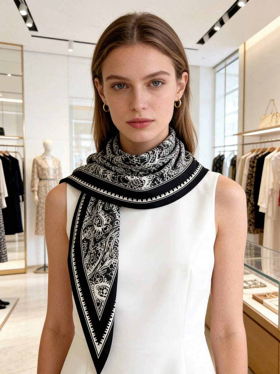 1pc Versatile Retro Cashew Flower Print Multifunctional Triangular Scarf/Shawl, Suitable For Daily, Office, And Holiday Occasions - Black - View 1