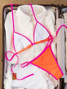 Contrast Color Sexy Casual Backless Beach Vacation Halter Bikini Set Summer - Orange - View 2