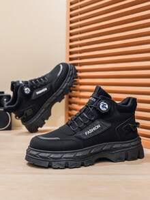 Men's Outdoor Thick Sole Fashionable Ankle Boots, Lace-Up Versatile High-Top Casual Shoes - Black - View 2