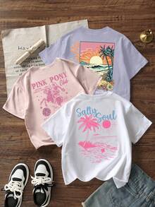 Set de 3 camisetas de manga corta con cuello redondo y estampado casual para niñas, blusas de verano para adolescentes y estudiantes - Multicolor - Ver 2