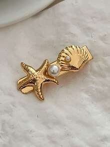 2 piezas Clips de pelo de lujo con estilo oceánico de aleación, estrella de mar, concha, grandes accesorios para el cabello con textura acanalada de vieira - Multicolor - Ver 5
