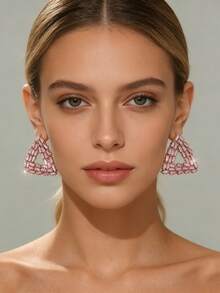 1 Pair Fashionable Women's Geometric Triangle Earrings, Creative Hollow Design Cubic Zirconia Triangle Elegant Earrings, Perfect Gift For Women - Pink - View 3