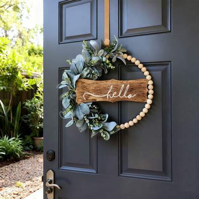 1pc | Ins Style | Hello Wood Sign | Blue-Green Eucalyptus Leaves | Wooden Beads & Rattan Wreath, Door Hanging Floral Wreath, Home Decor, Wedding, Window Display, Wall Decor