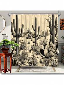 1 pieza Cortina de ducha con diseño de cactus, escena del desierto con tema de paisaje, decoración de baño, incluye 12 ganchos, 70.8x70.8 pulgadas - Cortina de ducha 1 - Ver 1