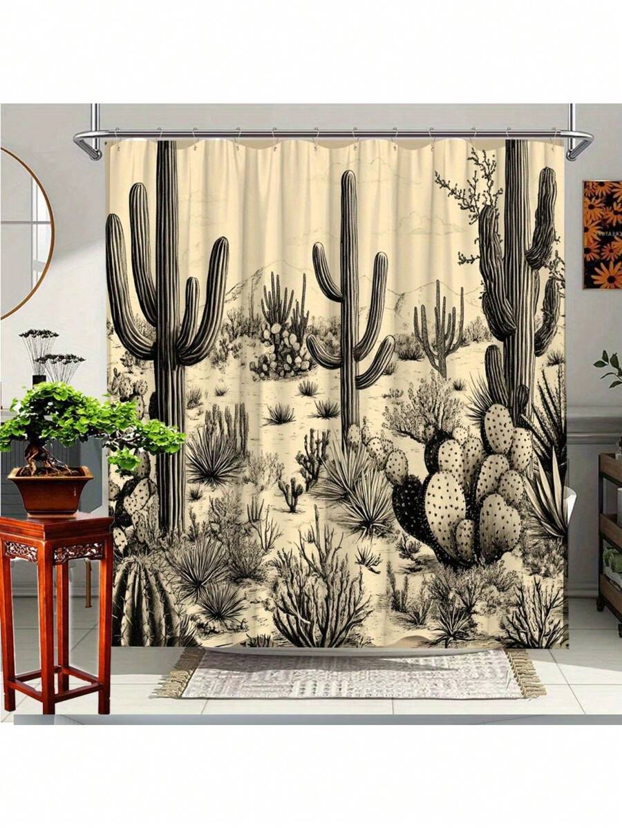 1 pieza Cortina de ducha con diseño de cactus, escena del desierto con tema de paisaje, decoración de baño, incluye 12 ganchos, 70.8x70.8 pulgadas - Cortina de ducha 1 - Ver 1