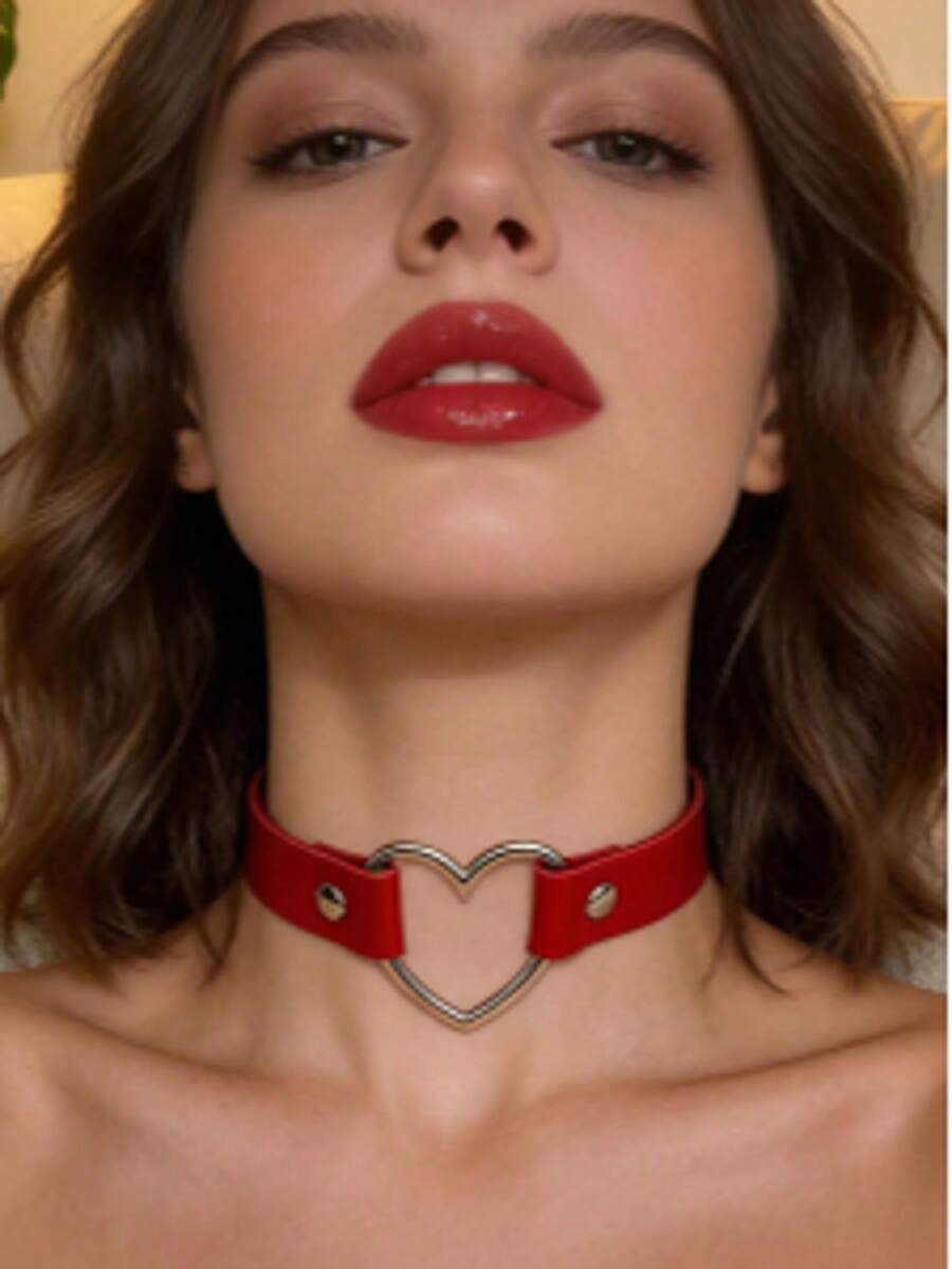 1 Piece Gothic Red PU Leather Choker With Heart-Shaped Metal Ring - Adjustable Party Jewelry For Women - Heart - View 1