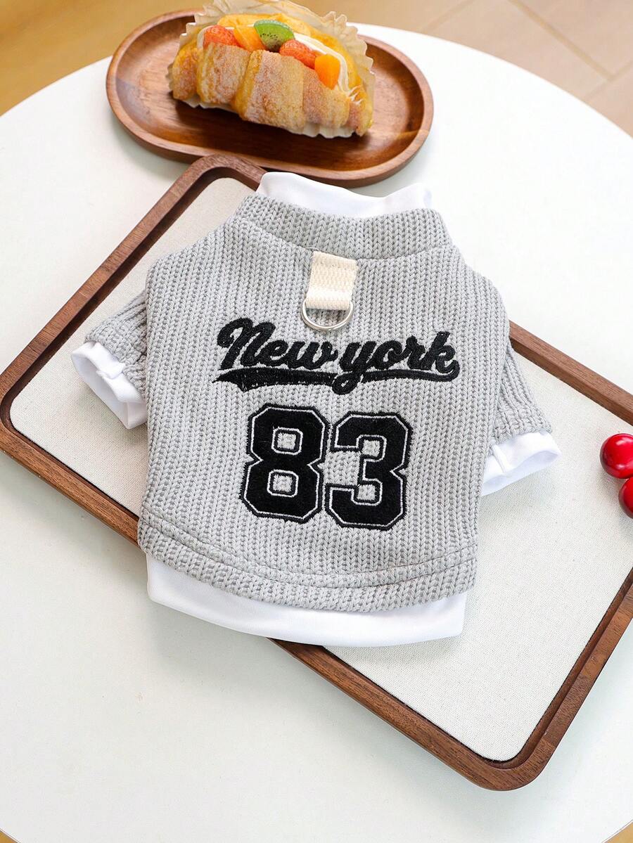 1件狗狗衣服，小型犬服装，欧美风纽约二合一连帽衫宠物服装 - 灰色 - 查看 1