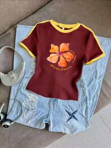 Áo thun nữ mùa hè mới, kiểu dáng thường ngày, màu đỏ phối viền vàng, in họa tiết hoa màu nước, cổ tròn, tay ngắn, thời trang và dễ phối đồ. - Đỏ - Xem 2