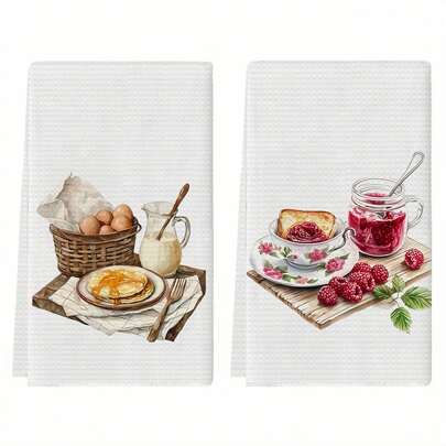 2pcs Spring Picnic Food Print Kitchen Towels, Dish Cloths, Housewarming Gift, Sweet Gifts For Friends, Mom, Birthday