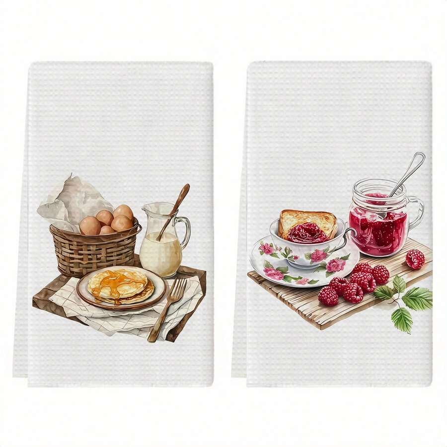 2pcs Spring Picnic Food Print Kitchen Towels, Dish Cloths, Housewarming Gift, Sweet Gifts For Friends, Mom, Birthday - 2 Pieces 40*60cm - View 1