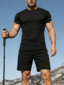 男士夏季轻便速干短裤套装（2件装），休闲户外徒步骑行健身跑步网球运动套装 - 黑色 - 查看 5
