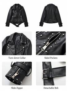 女士仿皮夹克铆钉机车街头朋克外套 - 深黑色 - 查看 6