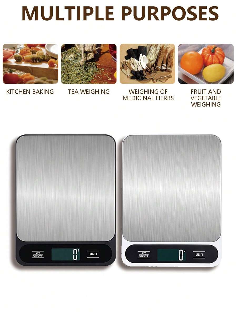 专业精密厨房秤，最大称重10公斤，易于清洁的ABS大秤面，LCD数字显示屏，具备去皮功能和单位切换。适用于烘焙、烹饪、生酮饮食、备餐、咖啡制作等。黑白两色可选。电池供电（不含电池）。