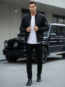 Chaqueta bomber acolchada con cremallera para hombre, chaqueta bomber para hombre con puños y dobladillo, chaqueta acolchada para hombre con bolsillos con cremallera, bolsillos en las mangas y bolsillos interiores, chaqueta bomber corta para hombre. - Negro - Ver 2