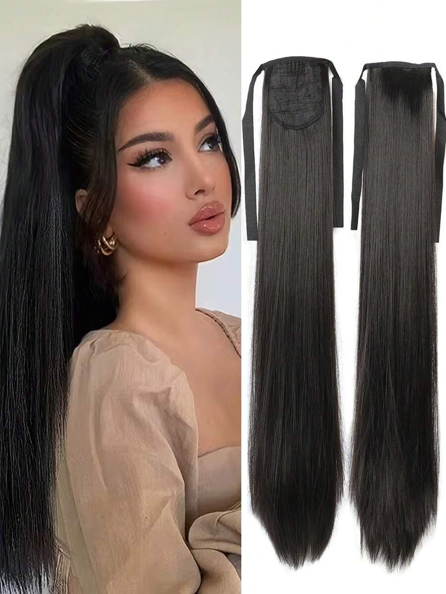 Extensiones de cabello de fibra sintética para cola de caballo, cola de caballo larga y recta negra, cola de caballo con lazo, cola de caballo larga recta y suave, adecuada para mujeres - Multicolor - Ver 1